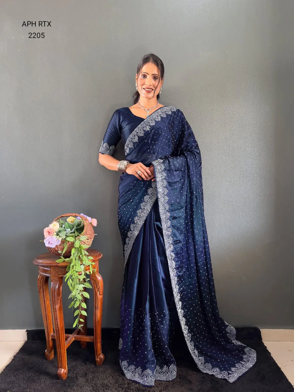 Navy Blue Premium Georgette Satin Saree with All-Over Sparkling Swarovski Diamond Moti Work
